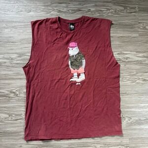Stussy Bear Graphic Muscle Tank Top Maroon XXL Streetwear Sleeveless Tee